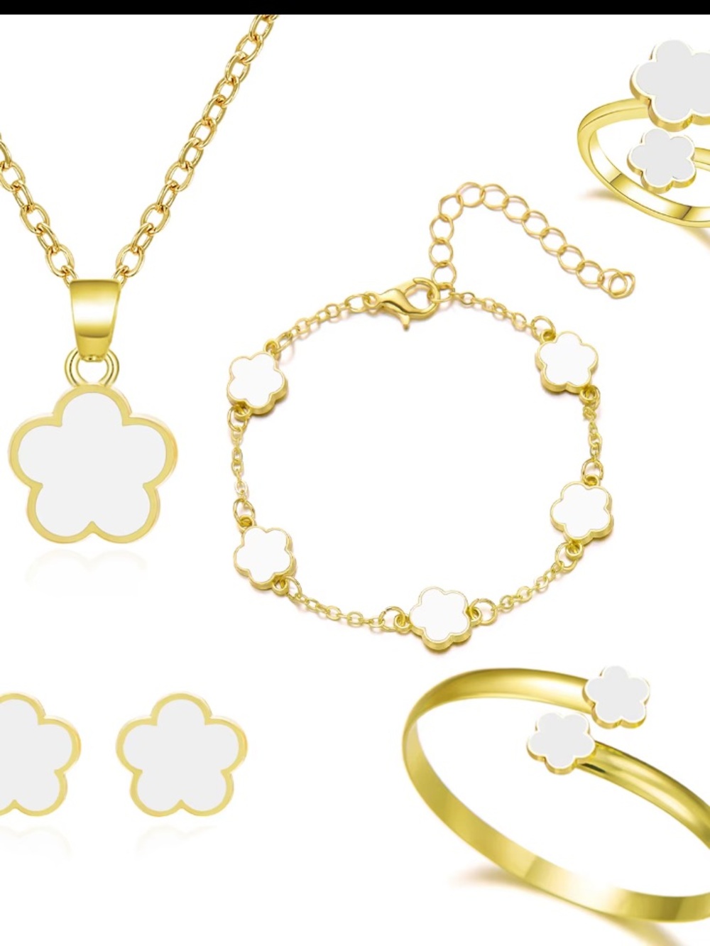 Gold and White Flower Jewelry Set - Necklace, Bracelet, Earrings, Rings